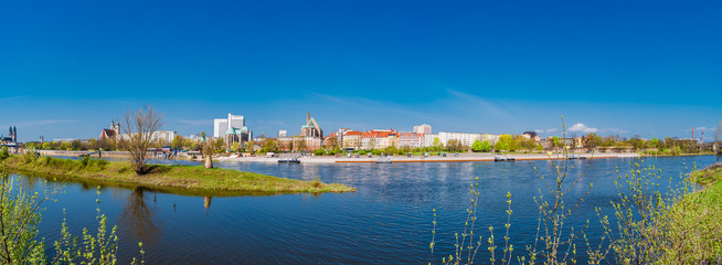 Panoramic view of Elbe, cathedrals, old and modern town in Magdeburg
