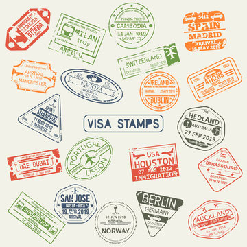 Set of isolated visa passport stamps of arriving to Ottawa, UAE, Switzerland, Japan, UK, Australia, USA China, Spain, Portugal, Italy, Australia, Germany Ireland France Norway Austria Greece