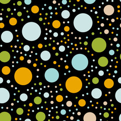 Image of Colorful polka dots seamless pattern on black 1 background. Unusual classic colorful polka dots textile pattern. Seamless scattered confetti fall chaotic decor. Abstract vector illustration. printed on Printed Glass Splashbacks