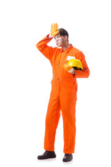 Contractor employee wearing coveralls isolated on white