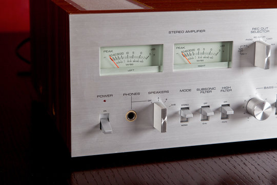 Vintage Stereo Amplifier Frontal Panel with VU meters Closeup