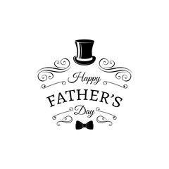 Father day card. Top hat, bow tie. Greeting card decorated swirls, ornamental filigree scroll elements. Vector.