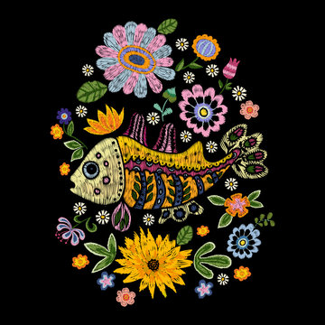 Embroidery folk pattern with fish and flowers. Vector embroidered floral design for fabric.