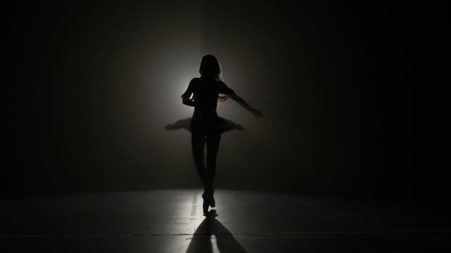 Attractive ballerina girl in silhouette in tutu dancing gracefully on a stage with smoke in slow motion