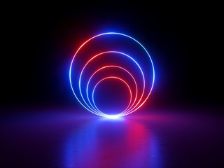 3d render, glowing rings, round lines, tunnel, neon lights, virtual reality, abstract background, circles, red blue spectrum, vibrant colors, laser show