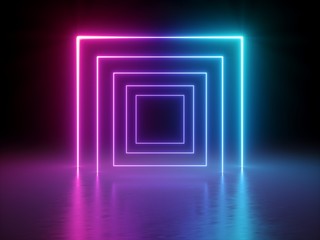 3d render, glowing lines, tunnel, neon lights, virtual reality, abstract background, square portal, arch, pink blue spectrum vibrant colors, laser show - obrazy, fototapety, plakaty