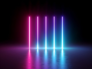3d render, glowing vertical lines, neon lights, abstract psychedelic background, ultraviolet, spectrum vibrant colors, laser show - obrazy, fototapety, plakaty