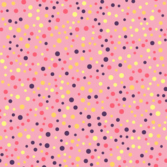 Colorful polka dots seamless pattern on bright 25 background. Interesting classic colorful polka dots textile pattern. Seamless scattered confetti fall chaotic decor. Abstract vector illustration.