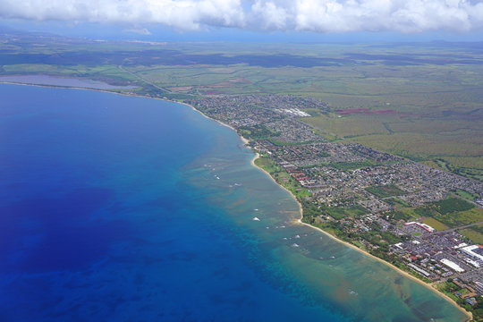 Aerial view of the Pacific Ocean coast in the Kihei area, Kealia Pond and Maalaea Bay in Maui, Hawaii