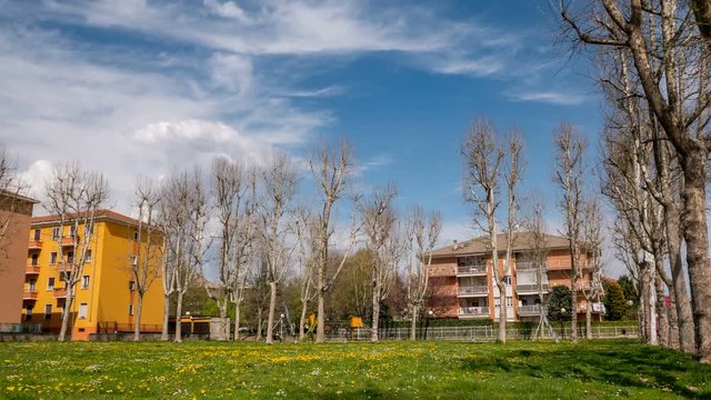 Biella, Italy - April 16, 2018 - Afternoon in the city park with people and palaces in spring, April 16, Garden Carlo Alberto dalla Chiesa, Biella