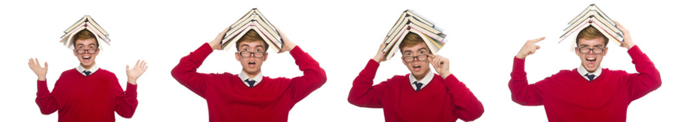 Funny student with books isolated on white