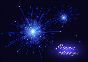 Blue vector fireworks holidays background, copy space