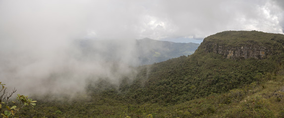 Fototapeta na wymiar Panorama of Alto Paquisha Tepuy (a flat topped sandstone mountain) in the Cordillera del Condor on the border between Ecuador and Peru. A site of exceptional biodiversity and endemism.
