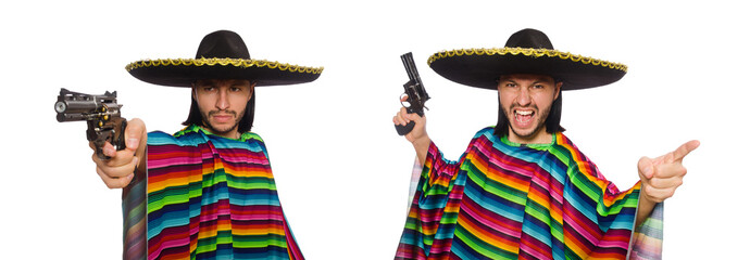 Handsome man in vivid poncho holding gun isolated on white