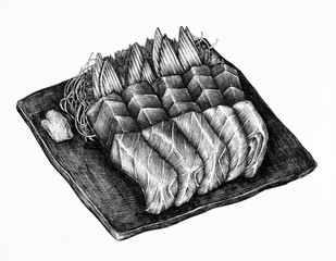 Hand drawn salmon sashimi dish - obrazy, fototapety, plakaty