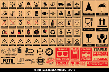 Set of packaging symbols, tableware, plastic, fragile symbols, cardboard symbols. ready for sticker, poster, and another printing materials. easy to modify. 