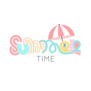 Summertime. Cute hand drawn lettering. Summer. Colorful letters. Doodle. Season of rest and travel. Beach party. It can be used for poster, banner, card, invitation, sale promotion. Vector, eps10