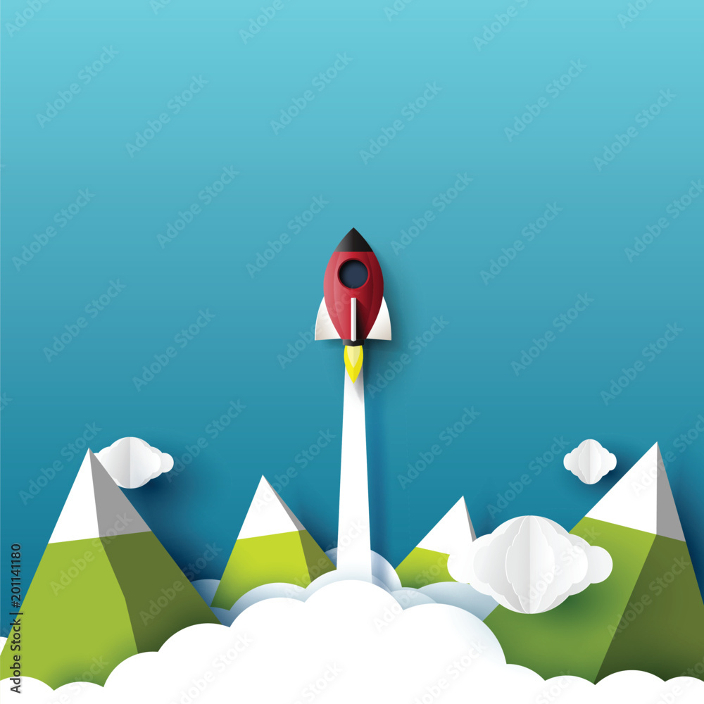 Poster rocket ship launch flying to the sky paper art style design.business startup creative idea concept d