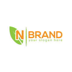 Letter N with leaf on white background. Logo Design Template. Flat design