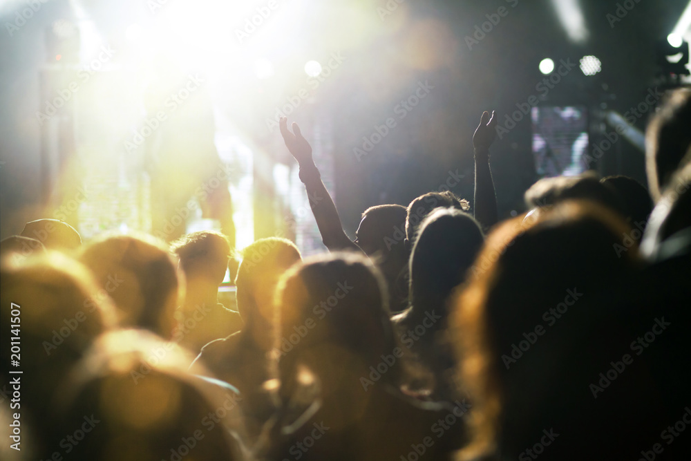 Wall mural crowd with raised hands at concert - summer music festival