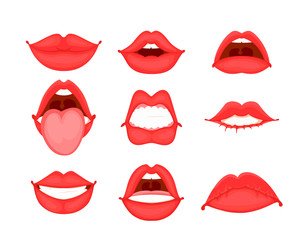 Different shapes of female red lips. Vector illustration in cartoon style.