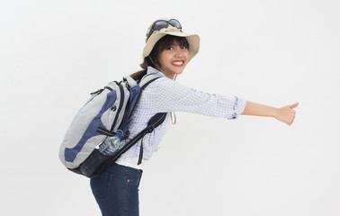 hitchhiker Thai girl smiling and joyful her lifestyle on white background