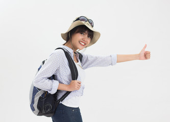 Young Thai girl hitchhiker and lifestyle on white background
