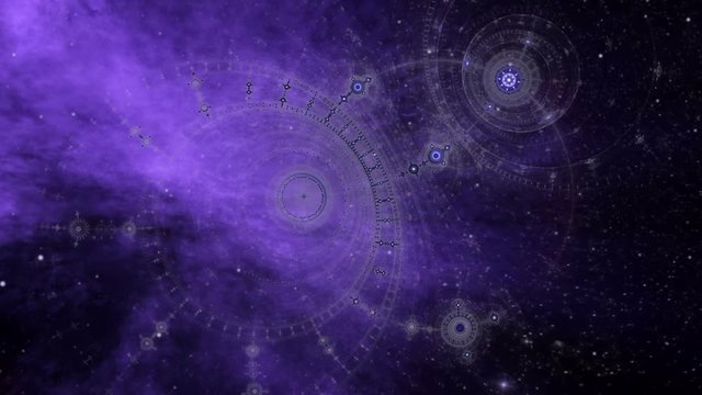  Imaginary journey through space and time.  Ultra violet nebula, deep space, star fields and ancient nautical instrument.  Vintage motion background.  Animation, abstract illustration, seamless loop