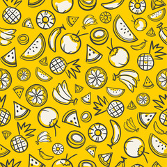 Colorful sketch mixed tropical fruits seamless summer pattern background vector format