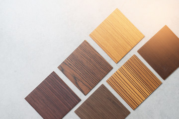 samples of material, wood , on concrete table.Interior design select material for idea.