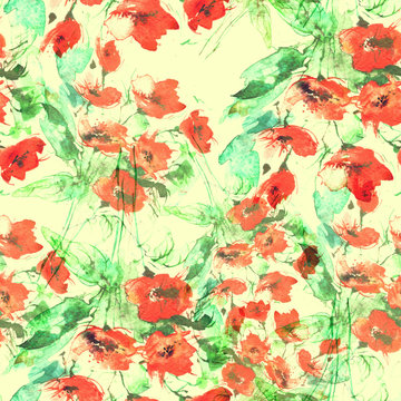 Watercolor Vintage seamless pattern with drawing roses, dogrose flowers.
Watercolor floral pattern from plants, red rose. The leaves, flower and bud on a yellow background. 