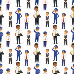 Fototapeta na wymiar Pilots and stewardess vector illustration airline character plane personnel staff air hostess flight attendants people command seamless pattern background.