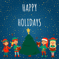Santa Claus elf kids cartoon elf helpers vector illustration children elves characters traditional costume background