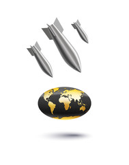 realistic stylized aerial bomb falls on planet globe