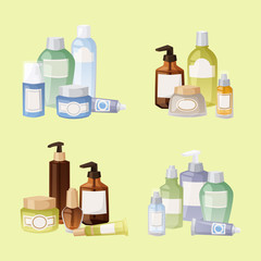 Bottles of cosmetic cosmetology lotion makeup beauty plastic liquid cream container fluid pack vector illustration.
