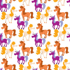 Horse pony stallion vector breeds color farm equestrian mammal domestic animal mane zoo character illustration seamless pattern background.