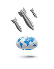 realistic stylized aerial bomb falls on planet globe