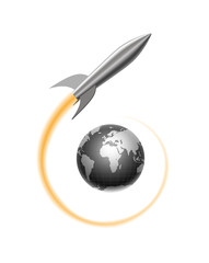 realistic stylized cartoon metal rocket takes off from planet earth globe and flies around