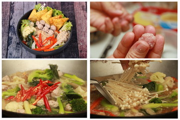 Homemade cooking  Crisy wonton and meat ball in Chinese kale soup .