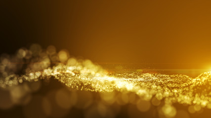 Dark gold yellow and glow dust particle abstract background.