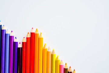 Color pencils isolated on white background. Close up. Copy Space.