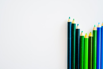 Color pencils isolated on white background. Close up. Copy Space.