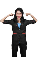 Obraz premium Portrait of asian business woman pointing her own head