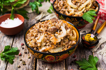 Traditional buckwheat porridge with meat