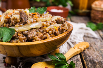 Traditional buckwheat porridge with meat