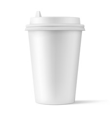 Realistic blank mock up paper cup with plastic lid. Coffee to go, take out mug. Vector illustration isolated and can be use for any backgrounds. EPS10.