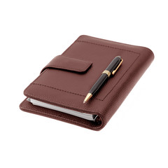 brown notebook with pen on white background