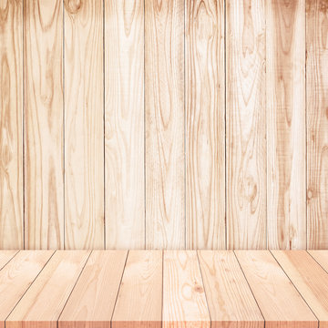 Empty wooden shelf on Wood wall texture background.