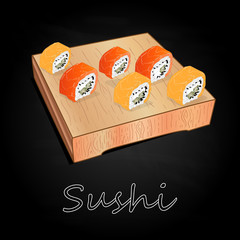 Various kinds of sushi served on wood desk black background.