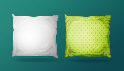 Vector 3d square pillow mockup set. Realistic bedding fabric elements. White green feather cotton rectangular cushion, cozy, comfortable interior object for bed relaxation